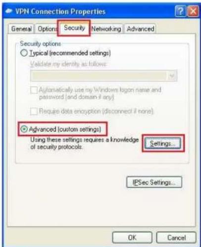 VPN Connection Properties General Options Security Networking Advanced Security options Typical (recommended settings) Validate my identity as follows: Automatically use my Windows logon name and password (and domain if any) Require data encryption (disconnect if none) Advanced (custom settings) Using these settings requires a knowledge of security protocols. Settings... IPSec Settings... OK Cancel