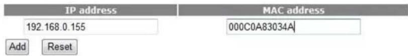 IP address 192.168.0.155 Add Reset MAC address 000C0A83034A
