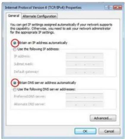 Internet Protocol Version 4 (TCP/IPv4) Properties General Alternate Configuration You can get IP settings assigned automatically if your network supports this capability. Otherwise, you need to ask your network administrator for the appropriate IP settings. Obtain an IP address automatically Use the following IP address: IP address: . Subset mask: . Default gateway: . Obtain DNS server address automatically Use the following DNS server addresses: Preferred DNS servers: . Alternate DNS server: . Advanced... OK Cancel