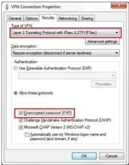 VPN Connection Properties General Options Security Networking Sharing Type of VPN: Layer 2 Tunneling Protocol with IPsec (L2TP/IPSec) Advanced settings Data encryption: Require encryption (disconnect if server declines) Authentication Use Extensible Authentication Protocol (EAP) Properties Allow these protocols Unencrypted password (PAP) Challenge Handshake Authentication Protocol (CHAP) Microsoft CHAP Version 2 (MS-CHAP v2) Automatically use my Windows logon name and password (and domain, if any) OK Cancel