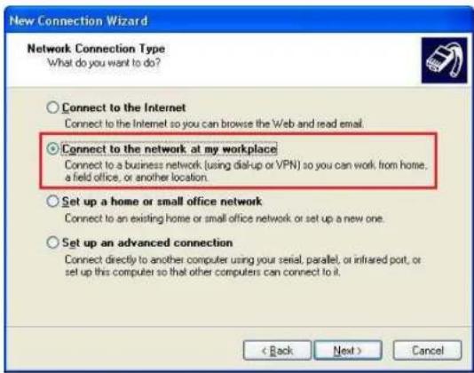 New Connection Wizard Network Connection Type What do you want to do? Connect to the Internet Connect to the Internet so you can browse the Web and read email. Connect to the network at my workplace Connect to a business network (using dial-up or VPN) so you can work from home, a field office, or another location. Set up a home or small office network Connect to an existing home or small office network or set up a new one. Set up an advanced connection Connect directly to another computer using your serial, parallel, or infrared port, or set up this computer so that other computers can connect to it. < Back Next > Cancel