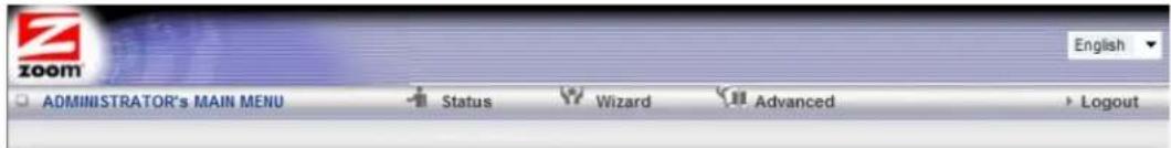 Z Zoom ADMINISTRATOR's MAIN MENU Status Wizard Advanced Logout