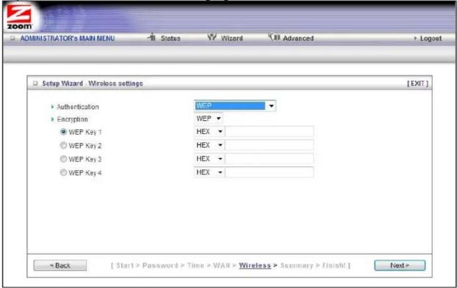 ZOOM ADMINISTRATOR's MAIN MENU Status Wizard Advanced Setup Wizard - Wireless settings [EXIT] ▶ Authentication ▶ Encryption ● WEP Key 1 ○ WEP Key 2 ○ WEP Key 3 ○ WEP Key 4 WEP WEP ▼ HEX ▼ HEX ▼ HEX ▼ HEX ▼ < Back [ Start > Password > Time > WALL > Wireless > Summary > Finish! ] Next >
