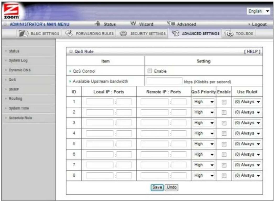 ADMINISTRATOR'S MAIN MENU Status Wizard Advanced Logout BASIC SETTINGS FORWARDING RULES SECURITY SETTING ADVANCED SETTINGS TOOLBOX Status System Log Dynamic DNS QoS SNMP Routing System Time Schedule Rule QoS Rule [ HELP ] Item Setting QoS Control Enable Available Upstream bandwidth kbps (Kilobits per second) ID Local IP : Ports Remote IP : Ports QoS Priority Enable Use Rule# 1 : : High (0) Always 2 : : High (0) Always 3 : : High (0) Always 4 : : High (0) Always 5 : : High (0) Always 6 : : High (0) Always 7 : : High (0) Always 8 : : High (0) Always Save Undo