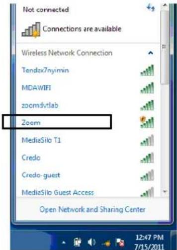 Not connected Connections are available Wireless Network Connection Tendax7nyimin MDAWIFI zoomdvtlab Zoom MediaSilo T1 Credo Credo-guest MediaSilo Guest Access Open Network and Sharing Center 12:47 PM 7/15/2011