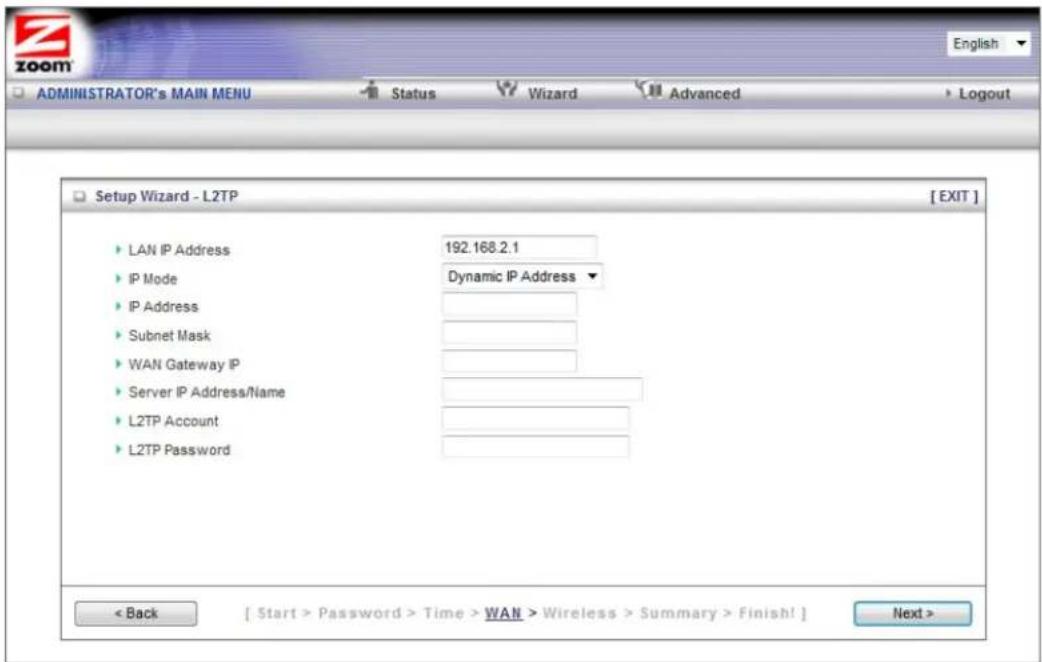 Setup Wizard - L2TP 192.168.2.1 IP Mode Dynamic IP Address IP Address Subnet Mask WAN Gateway IP Server IP Address/Name L2TP Account L2TP Password < Back [ Start > Password > Time > WAN > Wireless > Summary > Finish! ] Next >