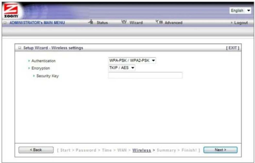 Setup Wizard - Wireless settings Authentication Encryption Security Key WPA-PSK / WPA2-PSK TKIP / AES < Back [ start > Password > Time > WAN > Wireless >summary > Finish! ] Next >