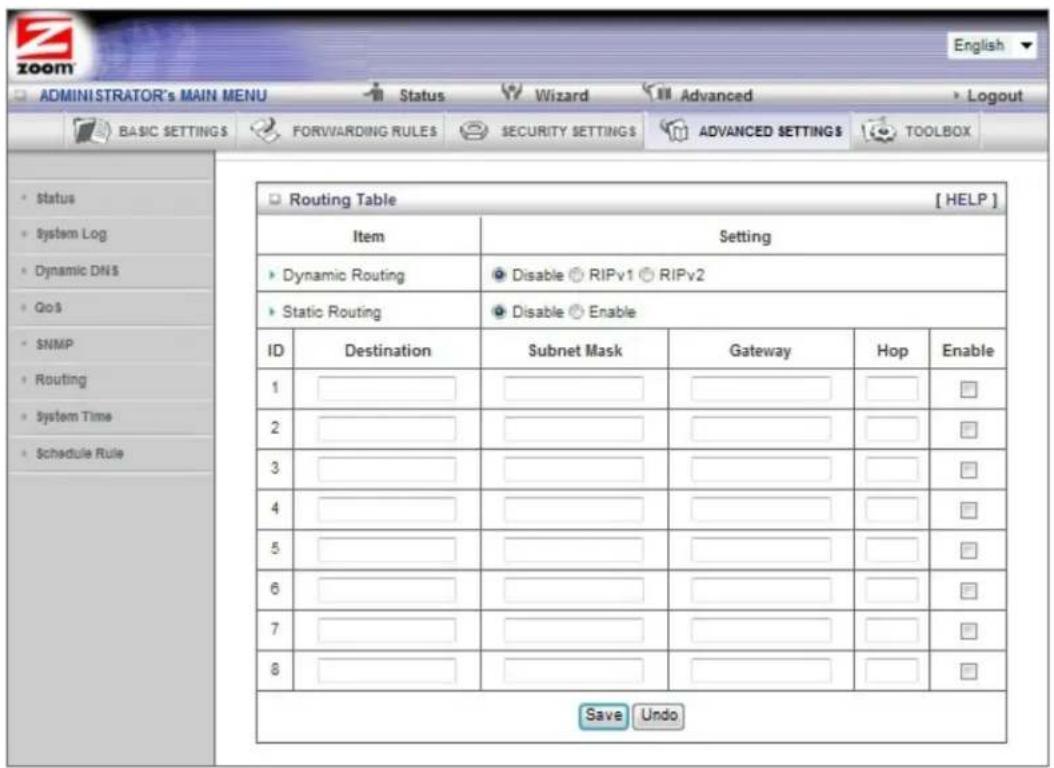 ADMINISTRATOR'S MAIN MENU Status Wizard Advanced Logout BASIC SETTINGS FORWARDING RULES SECURITY SETTINGS ADVANCED SETTINGS TOOLBOX Routing Table [HELP] Item Setting Dynamic Routing Disable RIPv1 RIPv2 Static Routing Disable Enable ID Destination Subnet Mask Gateway Hop Enable 1 2 3 4 5 6 7 8 Save Undo