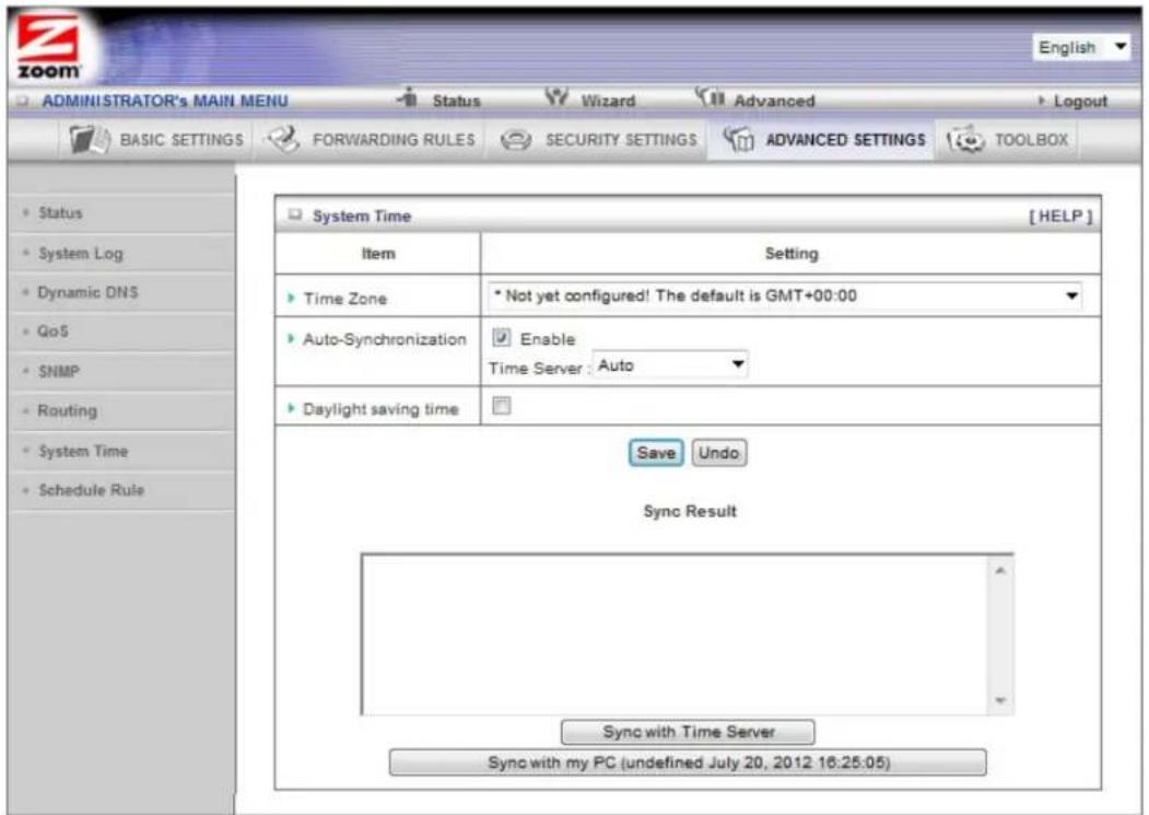 ADMINISTRATOR's MAIN MENU Status Wizard Advanced Logout BASIC SETTINGS FORWARDING RULES SECURITY SETTINGS ADVANCED SETTINGS TOOLBOX System Time [HELP] Item Setting Time Zone * Not yet configured! The default is GMT+00:00 Auto-Synchronization Enable Time Server : Auto Daylight saving time Save Undo Sync Result Sync with Time Server Sync with my PC (undefined July 20, 2012 16:25:05)