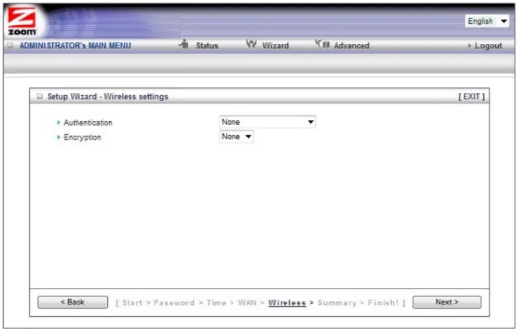 Setup Wizard - Wireless settings Authentication None Encryption None < Back [ $start > Password > Time > WAN > Wireless > Summary > Finish! ] Next >
