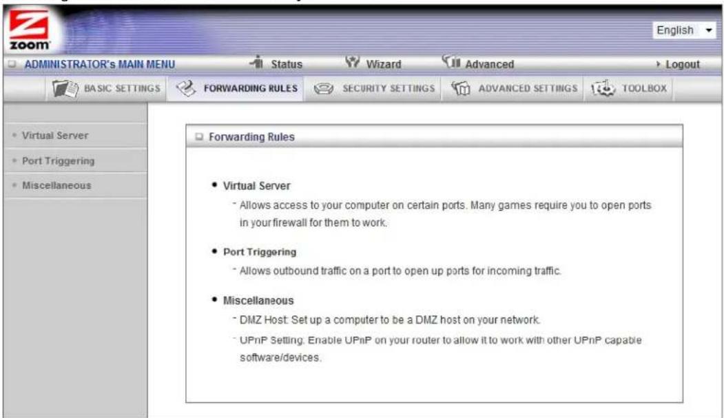 ADMINISTRATOR's MAIN MENU Status Wizard Advanced Logout BASIC SETTINGS FORWARDING RULES SECURITY SETTINGS ADVANCED SETTINGS TOOLBOX Virtual Server Port Triggering Miscellaneous Forwarding Rules Virtual Server - Allows access to your computer on certain ports. Many games require you to open ports in your firewall for them to work. Port Triggering - Allows outbound traffic on a port to open up ports for incoming traffic. Miscellaneous - DMZ Host: Set up a computer to be a DMZ host on your network. - UPnP Setting: Enable UPnP on your router to allow it to work with other UPnP capable software/devices.