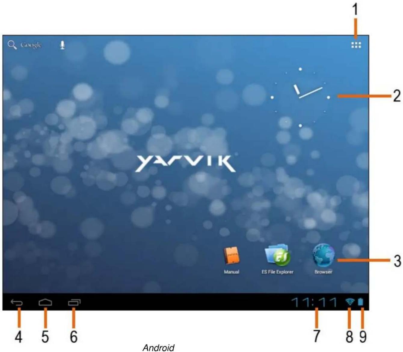Google YARVIK Manual ES File Explorer Browser 11:11 7 8 9 4 5 6 Android