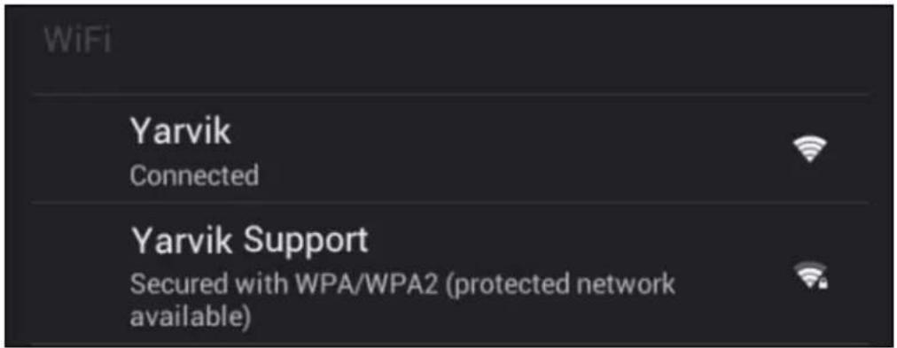 WiFi Yarvik Connected Yarvik Support Secured with WPA/WPA2 (protected network available)