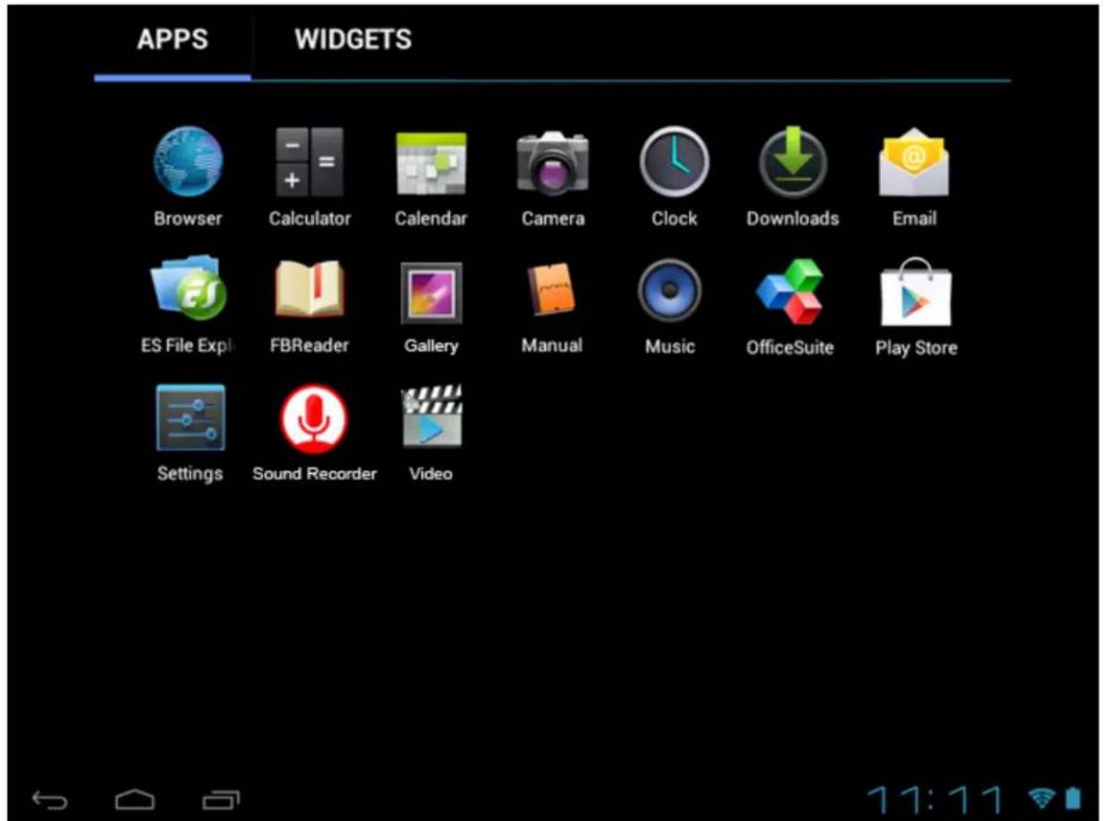 APPS WIDGETS Browser Calculator Calendar Camera Clock Downloads Email ES File Expl FBReader Gallery Manual Music OfficeSuite Play Store Settings Sound Recorder Video