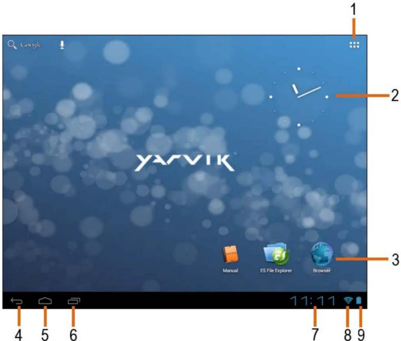 Google YARVIK Manual ES File Explorer Browser 11:11 7 8 9 4 5 6 1