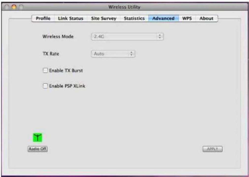 Wireless Utility Profile Link Status Site Survey Statistics Advanced WPS About Wireless Mode 2.4G TX Rate Auto Enable TX Burst Enable PSP XLink Radio Off APPLY