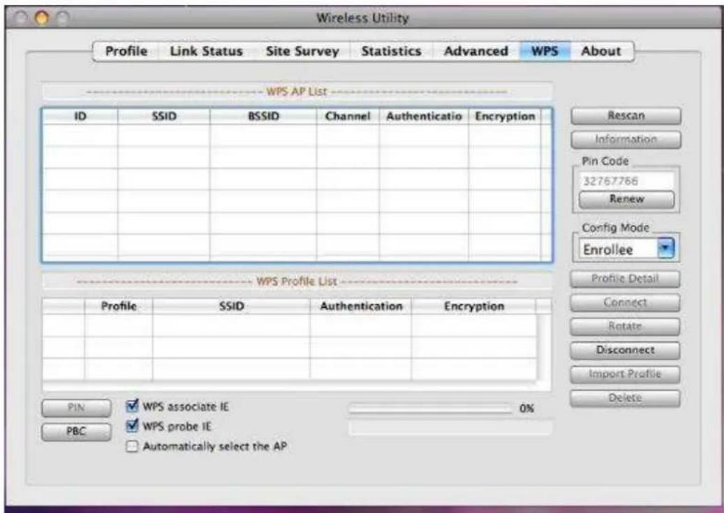 Wireless Utility Profile Link Status Site Survey Statistics Advanced WPS About WPS AP List ID SSID BSSID Channel Authenticatio Encryption Rescan Information Pin Code 32767766 Renew Config Mode Enrollee Profile SSID Authentication Encryption Profile SSID PIN ✓ WPS associate IE 0% ✓ WPS probe IE □ Automatically select the AP PBC Profile Detail Connect Rotate Disconnect Import Profile Delete