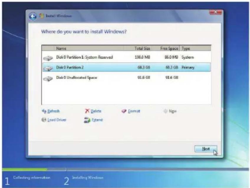 Where do you want to install Windows? Name Total Size Free Space Type Disk 0 Partition 1: System Reserved 100.0 MB 86.0 MB System Disk 0 Partition 2 68.3 GB 68.3 GB Primary Disk 0 Unallocated Space 91.6 GB 91.6 GB Refresh Delete Format Now Load Driver Extend Next 1 2 Installing Windows