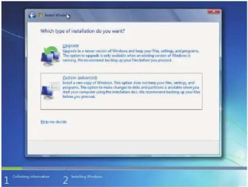 Which type of installation do you want? Upgrade Upgrade to a newer version of Windows and keep your files, settings, and programs. The option to upgrade is only available when an existing version of Windows is running. We recommend backing up your files before you proceed. Custom (advanced) Install a new copy of Windows. This option does not keep your files, settings, and programs. The option to make changes to disks and partitions is available when you start your computer using the installation disc. We recommend backing up your files before you proceed. Help me decide
