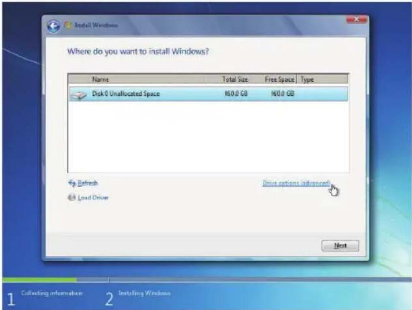 Where do you want to install Windows? Name Total Size Free Space Type Disk 0 Unallocated Space 160.0 GB 160.0 GB Refresh Drive options (advanced) Load Driver Next 1 2 3 4 5 6 7 8 9 10 11 12 13 14 15 16 17 18 19 20 Next