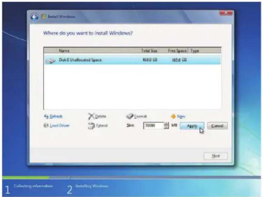 Where do you want to install Windows? Name Total Size Free Space Type Disk 0 Unallocated Space 160.0 GB 160.0 GB Refresh Delete Format Non Load Drives Extend Size: 70000 MB Apply Cancel Next Collecting information Installing Windows