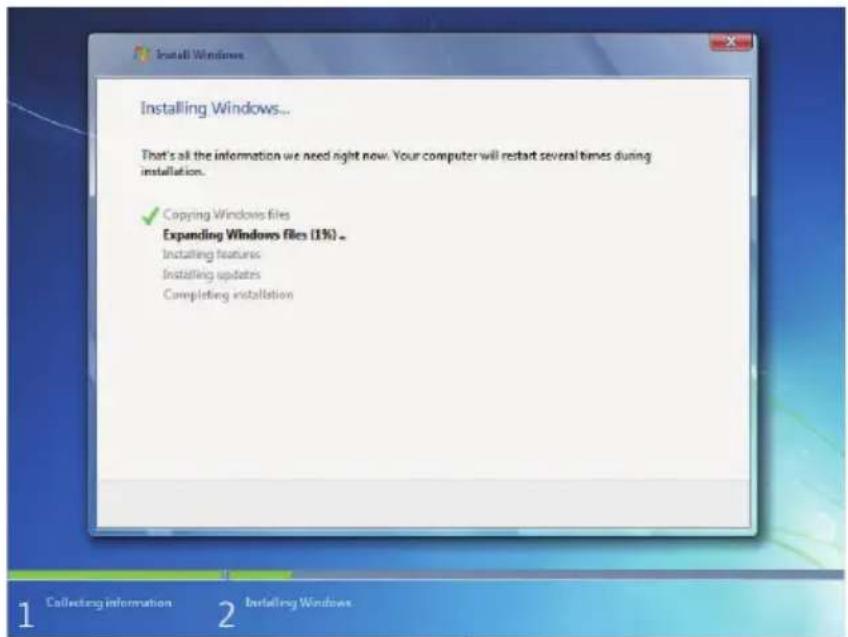Install Windows... Installing Windows... That's all the information we need right now. Your computer will restart several times during installation. ✓ Copying Windows files Expanding Windows Files (1%) ... Installing features Installing updates Completing installation