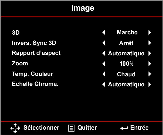 Image 3D Invers. Sync 3D Rapport d'aspect Zoom Temp. Couleur Echelle Chroma. Marche Arrêt Automatique 100% Chaud Automatique ←→ Sélectionner → Quitter ←→ Entrée
