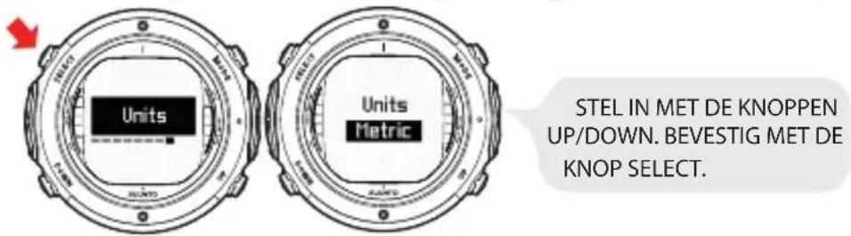 Units Units Metric STEL IN MET DE KNOPPEN UP/DOWN. BEVESTIG MET DE KNOP SELECT.