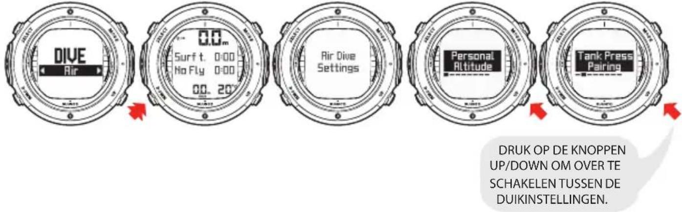 DIVE Air 0.0m Surf t. 0:00 No Fly 0:00 00.20° Air Dive Settings Personal Altitude Tank Press Pairing DRUK OP DE KNOPPEN UP/DOWN OM OVER TE SCHAKELN TUSSEN DE DUIKINSTELLINGEN.