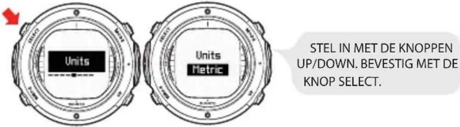 Units Units Metric STEL IN MET DE KNOPPEN UP/DOWN. BEVESTIG MET DE KNOP SELECT.