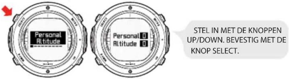 Personal Altitude Personal 0 Altitude 0 STEL IN MET DE KNOPPEN UP/DOWN. BEVESTIG MET DE KNOP SELECT.