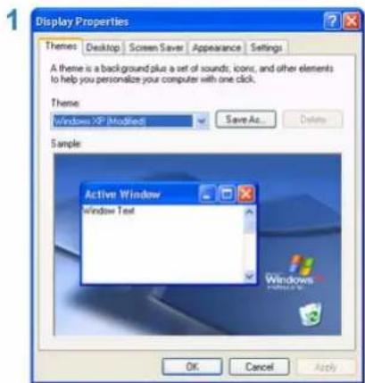 Display Properties Themes Desktop Screen Saver Appearance Settings A theme is a background plus a set of sounds, icons, and other elements to help you personalize your computer with one click. Theme: Windows XP (Modified) Save As Delete Sample: Active Window Window Text OK Cancel Apply