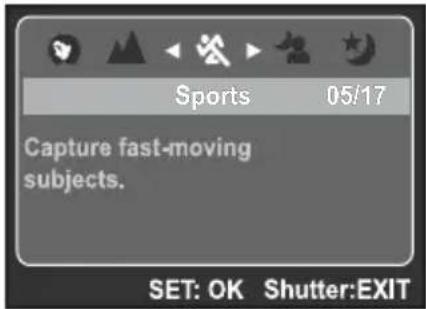 Sports 05/17 Capture fast-moving subjects. SET: OK Shutter:EXIT