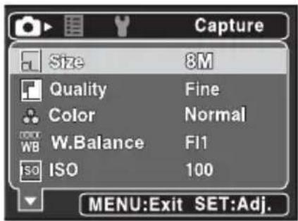Capture Size 8M Quality Fine Color Normal W.Balance FI1 ISO 100 MENU:Exit SET:Adj.