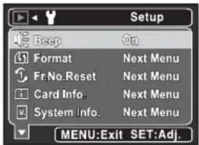 Setup Beep On Format Next Menu Fr.No_Reset Next Menu Card Info. Next Menu System Info. Next Menu MENU:Exit SET:Adj.