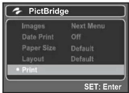 PictBridge Images Next Menu Date Print Off Paper Size Default Layout Default • Print SET: Enter