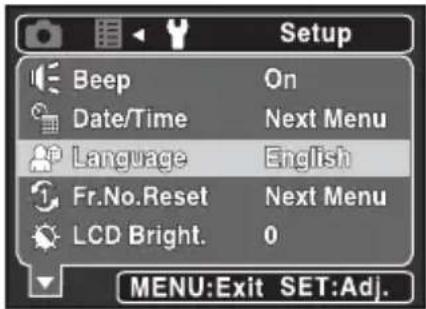 Setup Beep On Date/Time Next Menu Language English Fr.No.Reset Next Menu LCD Bright. 0 MENU:Exit SET:Adj.