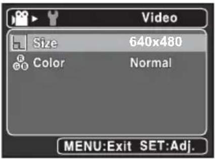 Video Size 640x480 Color Normal MENU:Exit SET:Adj.