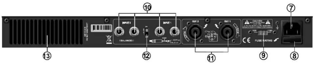INPUT 2 (BALANCES) OUTPUT 1 OUT 2 OUT 1 CAUTION FUSE RATING ①0 ⑦ ⑪ ⑫ ⑬ ⑭ ⑨ ⑧ ⑬ ⑭ ⑬ ⑭ ⑮ ⑯ ⑰ ⑱ ⑲ ⑳
