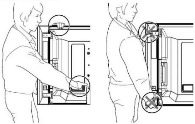 Technical diagram showing two views of a person using a device, with magnified insets highlighting the component and warning symbols.