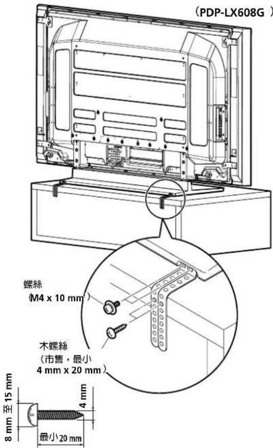 (PDP-LX608G) 螺絲 (M4 x 10 mm) 木螺絲 (市售，最小 4 mm x 20 mm) 8 mm 至 15 mm 4 mm 最小 20 mm
