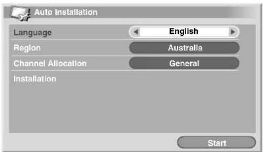 Auto Installation Language English Region Australia Channel Allocation General Installation Start