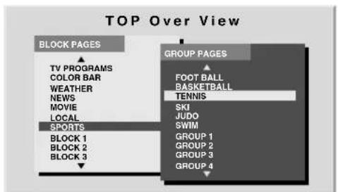 TOP Over View BLOCK PAGES TV PROGRAMS COLOR BAR WEATHER NEWS MOVIE LOCAL SPORTS BLOCK 1 BLOCK 2 BLOCK 3 GROUP PAGES FOOT BALL BASKETBALL TENNIS SKI JUDO SWIM GROUP 1 GROUP 2 GROUP 3 GROUP 4