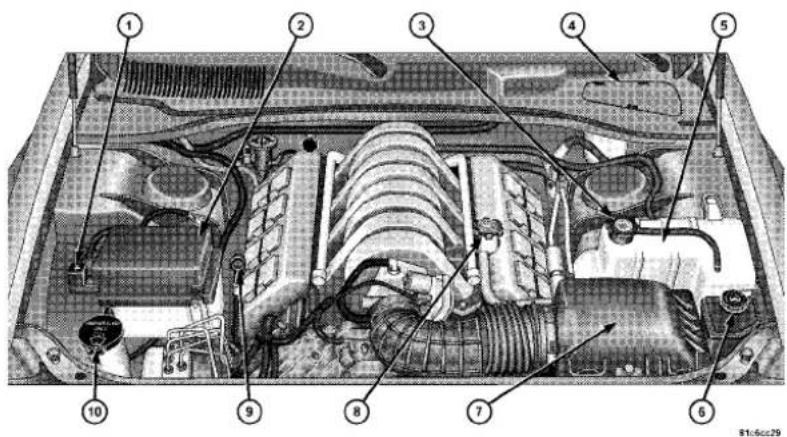 Technical diagram of a car engine bay with numbered components for identification