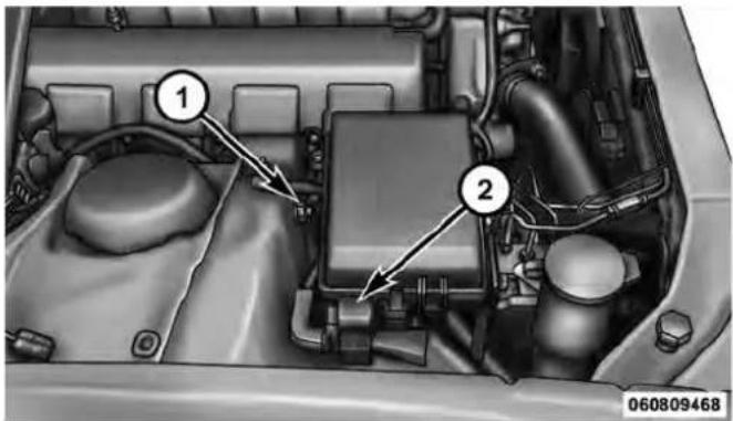 Technical diagram of a car engine bay with numbered components and directional arrows indicating parts of the engine.