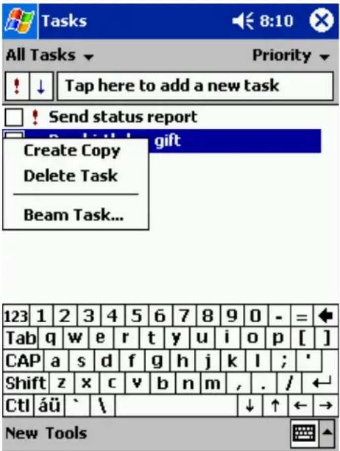 Tasks All Tasks Priority Tap here to add a new task Send status report Create Copy Delete Task Beam Task... gift 123 1 2 3 4 5 6 7 8 9 0 - = Tab q w e r t y u i o p [ ] CAP a s d f g h j k l ; ' Shift z x c v b n m , . / Ctl áü ` \ ↓ ↑ ← → New Tools
