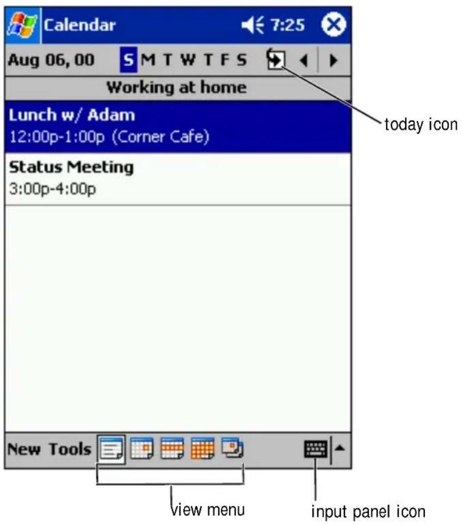 Calendar 7:25 Aug 06, 00 S M T W T F S Working at home Lunch w/ Adam 12:00p-1:00p (Corner Cafe) status Meeting 3:00p-4:00p new Tools view menu input panel icon today icon
