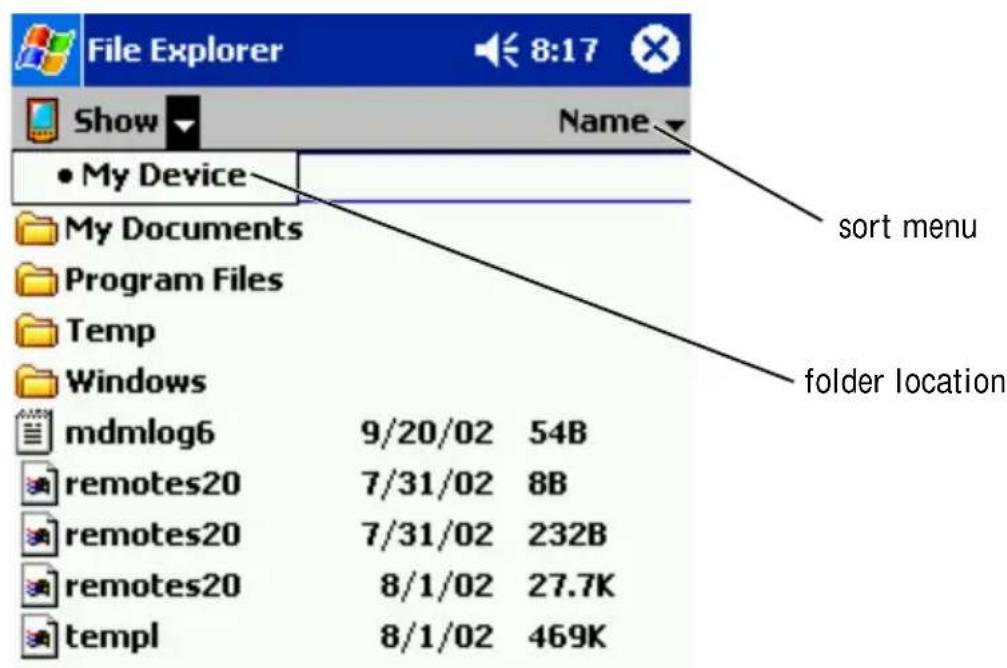 File Explorer 8:17 Show Name • My Device My Documents Program Files Temp Windows mdmlog6 9/20/02 54B remotes20 7/31/02 8B remotes20 7/31/02 232B remotes20 8/1/02 27.7K templ 8/1/02 469K sort menu folder location