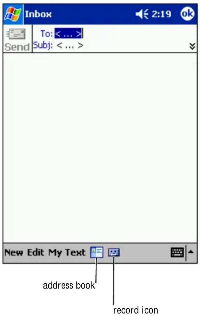 Inbox 2:19 ok Send To: < ... > Subj: < ... > New Edit My Text address book record icon