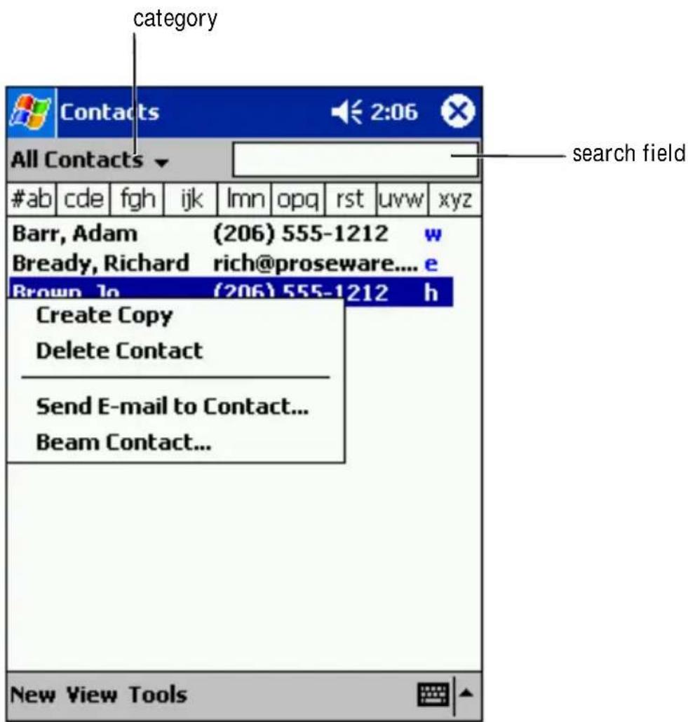 category All Contacts #ab cde fgh ijk lmn opq rst uvw xyz Barr, Adam (206) 555-1212 w Bready, Richard rich@proseware.... e Brown Jo (206) 555-1212 h Create Copy Delete Contact Send E-mail to Contact... Beam Contact... New View Tools